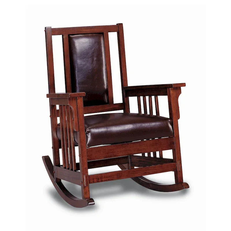 Mecedora estilo misionero, asiento y respaldo tapizados en cuero, tabaco y marrón oscuro