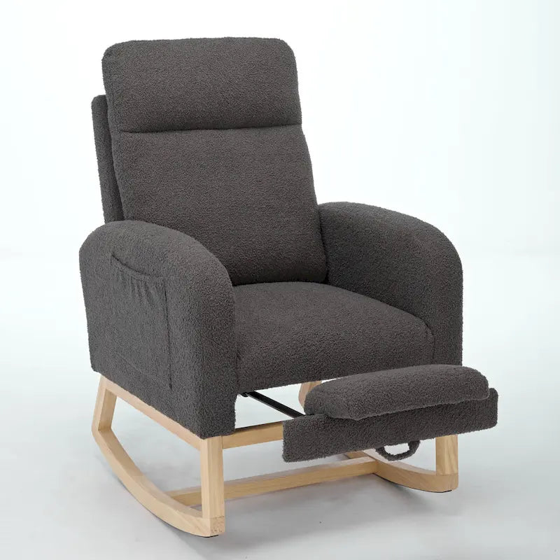 Moderna mecedora tapizada de respaldo alto de 29.5" con patas de madera maciza y reposapiés ajustable