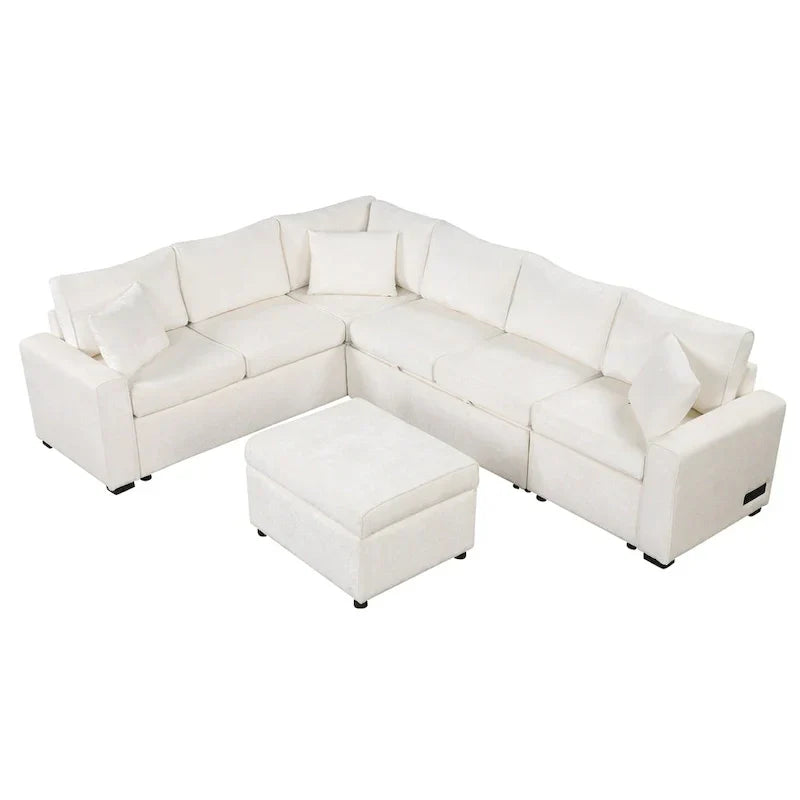 Sofá seccional de chenilla con sofá cama extraíble, sofá cama en forma de L con otomana de almacenamiento, 3 almohadas y dispositivos de carga