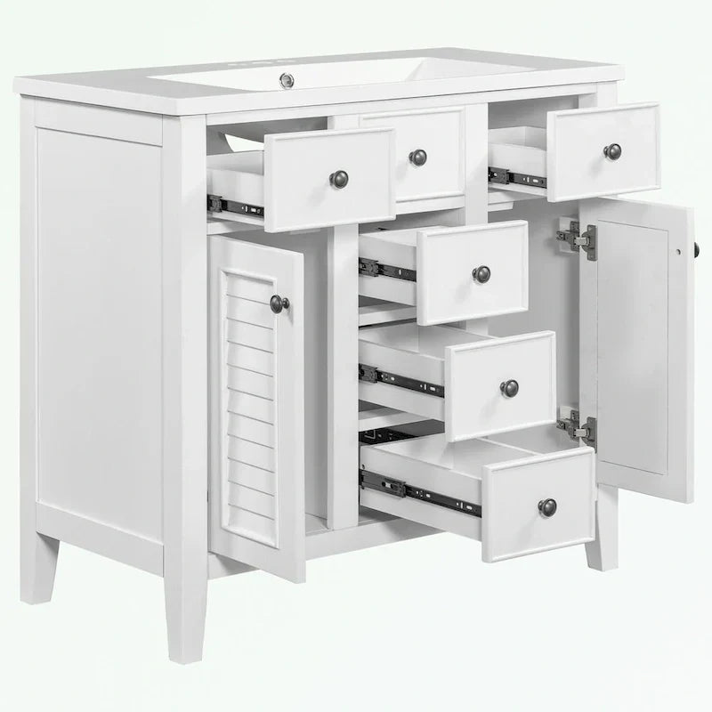 Mueble de baño con lavabo cerámico, dos armarios y cinco cajones