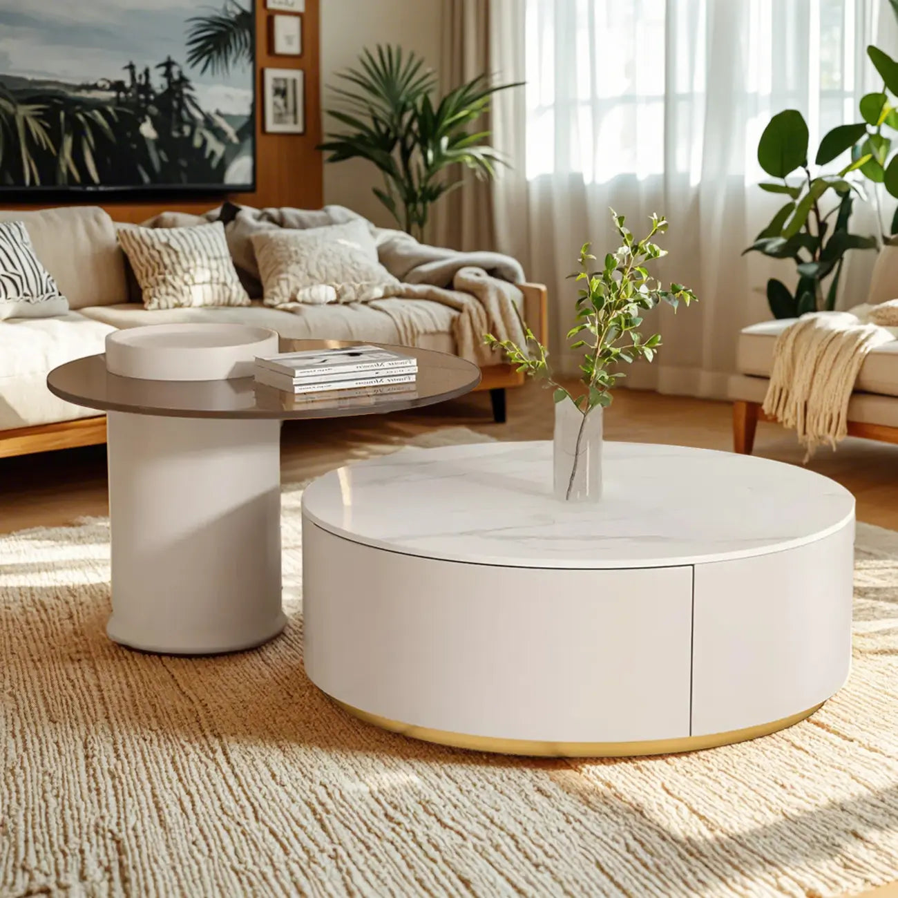 Mesa de centro redonda moderna blanca de madera con cajones tipo tambor