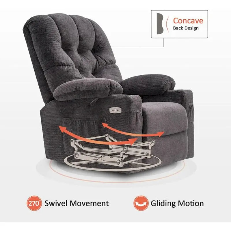 Sillón reclinable giratorio eléctrico con planeador, portavasos y puertos USB, tela, asiento individual