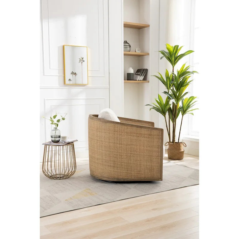 Sillón Giratorio de Barril, Cómodo Sillón Redondo Decorativo, Sillón Club Giratorio de Barril de 360 Grados, Sillón de Ocio con Estructura Tejida de Ratán