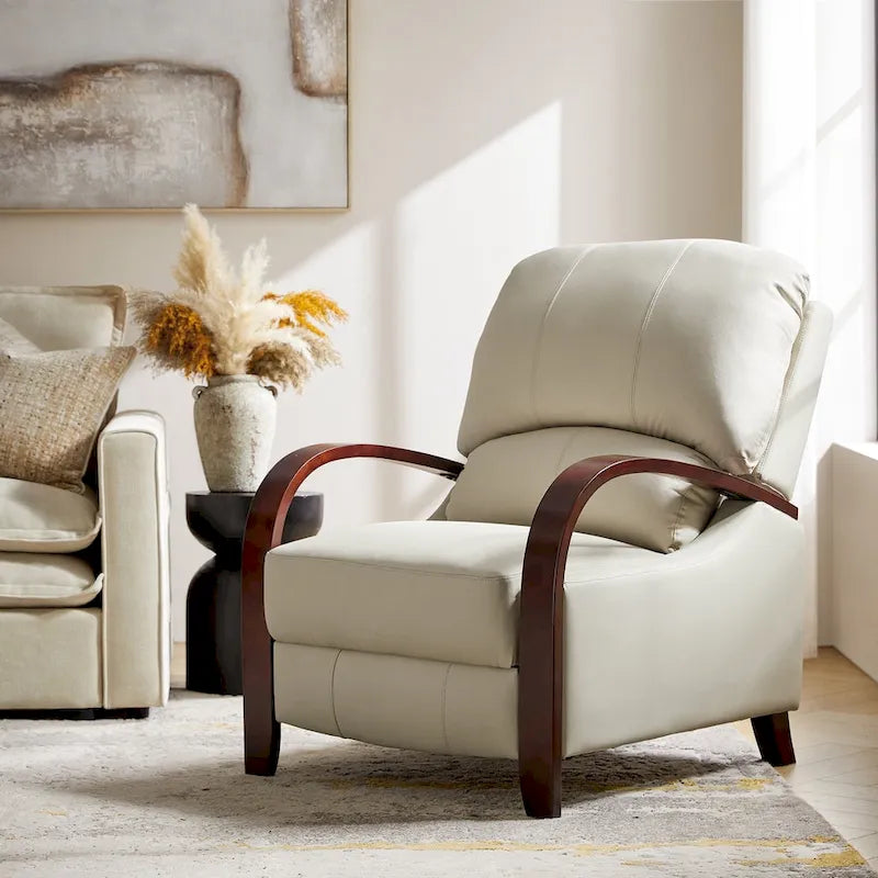 Sofá reclinable manual Alex Mid-century Modern Cigar de cuero genuino con brazos curvos de madera