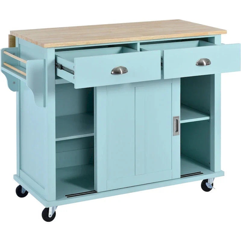 Carro de cocina con encimera de madera de caucho abatible, puerta corredera oculta de granero de altura ajustable, isla de cocina con 4 ruedas