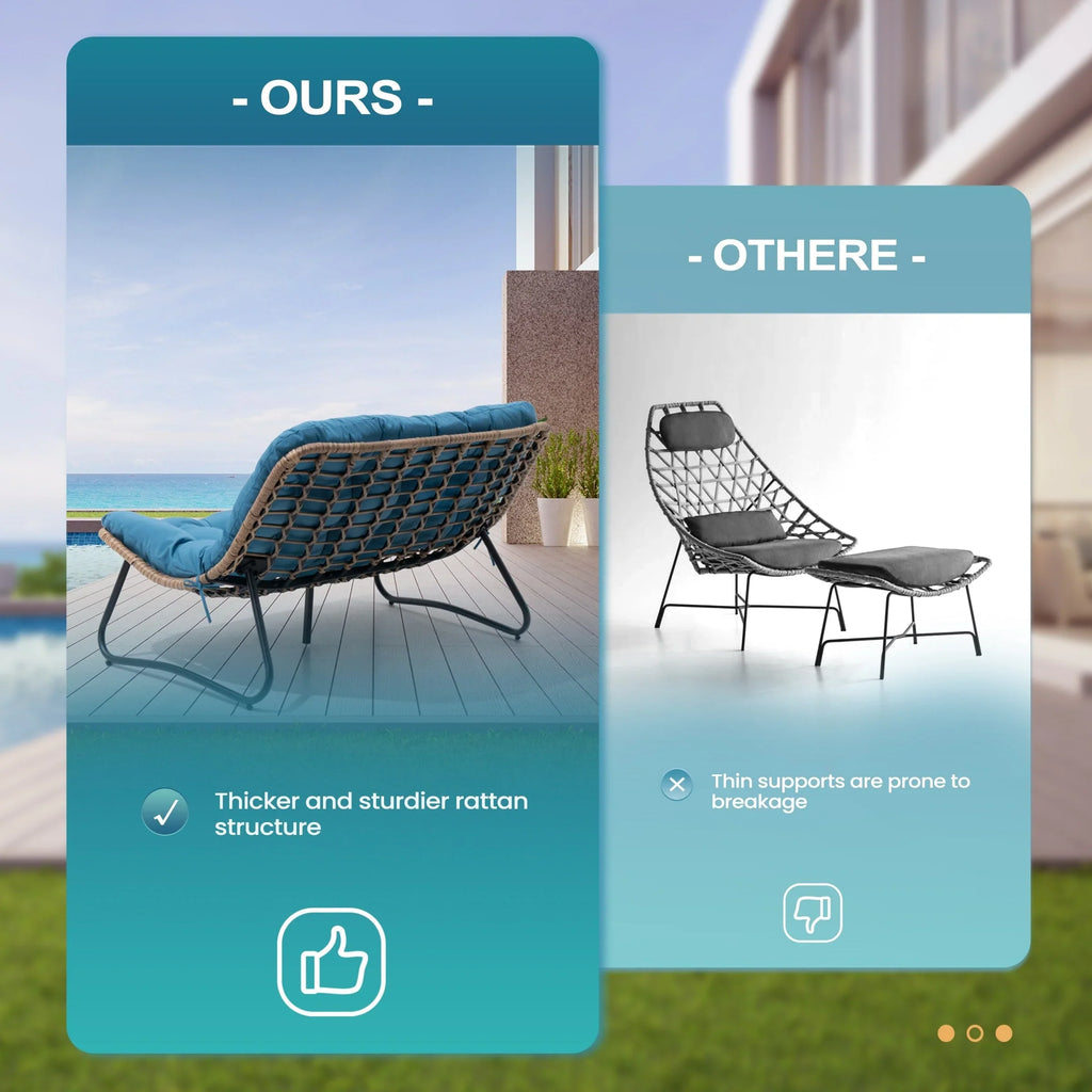 Sofá biplaza doble Papasan con cojín, ratán PE para todo tipo de clima y estructura metálica para interior/exterior