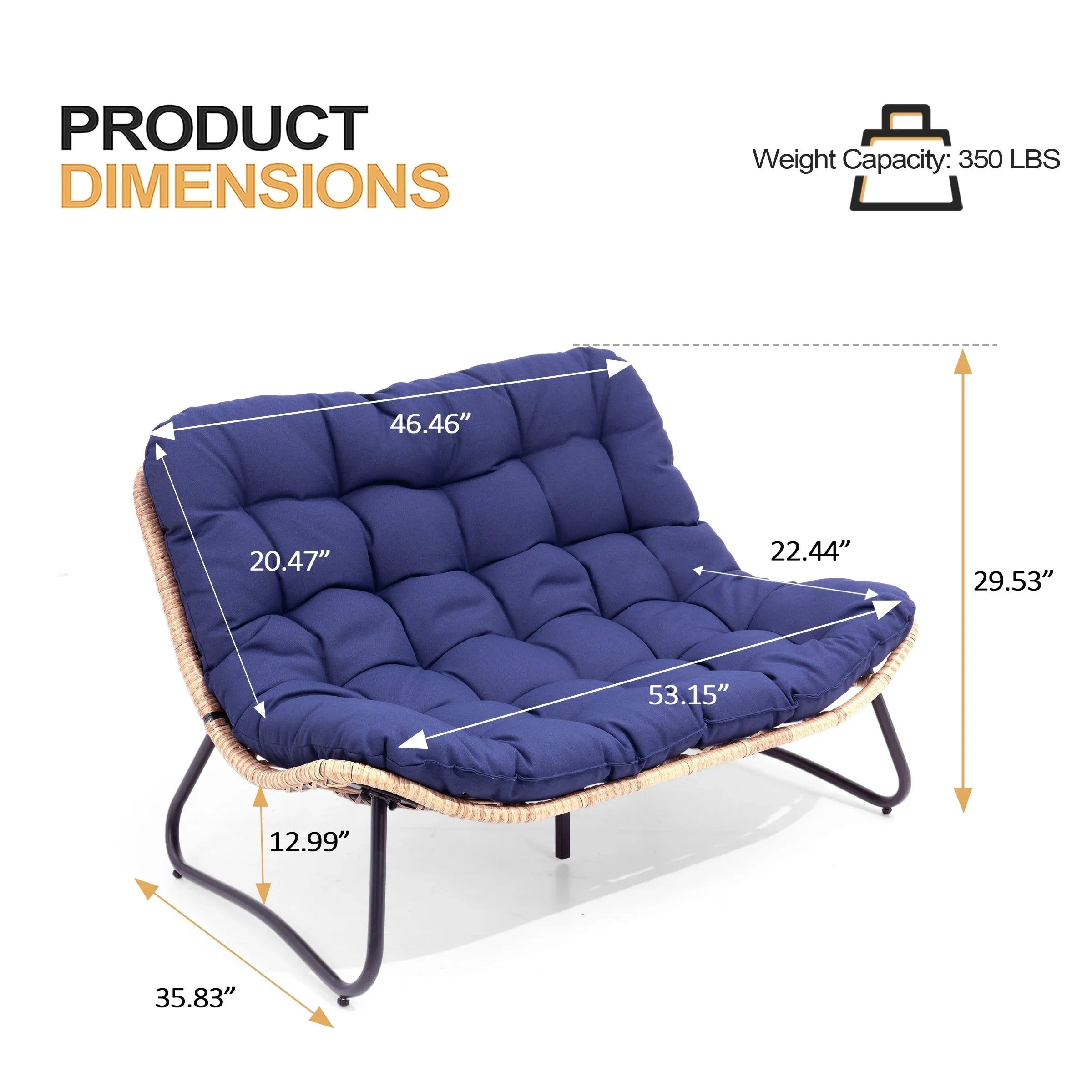 Sofá biplaza doble Papasan con cojín, ratán PE para todo tipo de clima y estructura metálica para interior/exterior