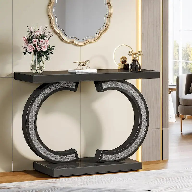 Mesa consola plateada, mesa de recibidor con espejo de 99 cm para la entrada