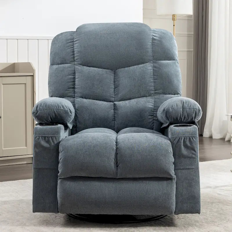 Reclinable extragrande gris con calor y masaje, reclinación de 150°, balanceo de 30°, carga USB y 2 portavasos