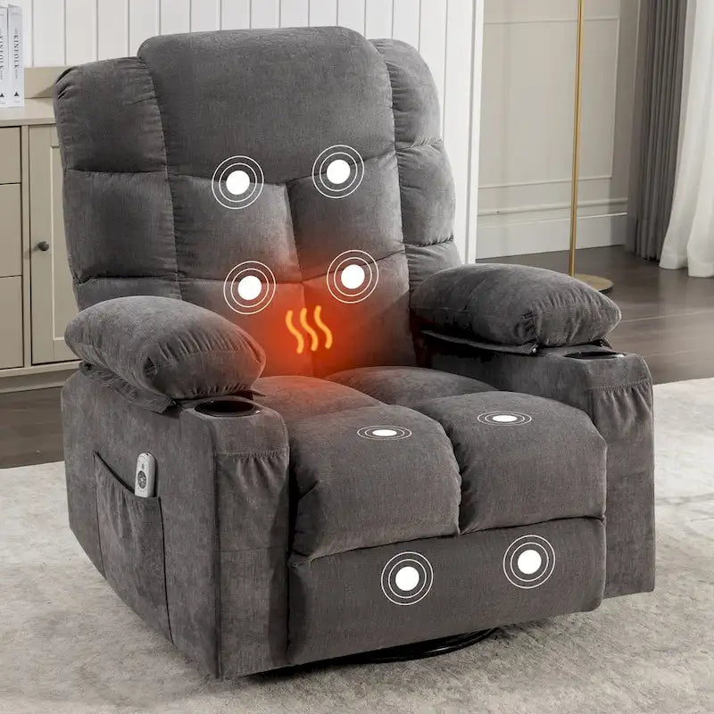 Reclinable extragrande gris con calor y masaje, reclinación de 150°, balanceo de 30°, carga USB y 2 portavasos