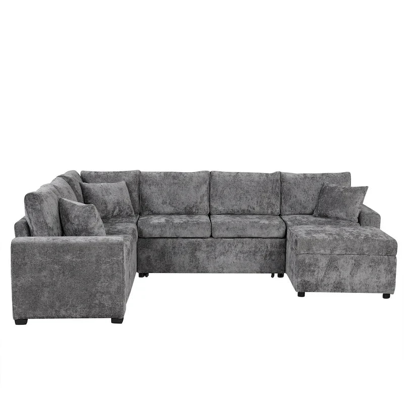 Sofá seccional de chenilla con sofá cama extraíble, sofá cama en forma de L con otomana de almacenamiento, 3 almohadas y dispositivos de carga