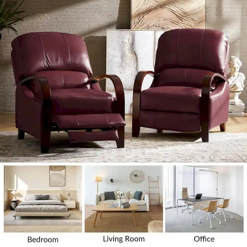 Sofá reclinable manual Alex Mid-century Modern Cigar de cuero genuino con brazos curvos de madera