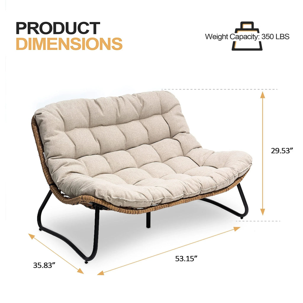 Sofá biplaza doble Papasan con cojín, ratán PE para todo tipo de clima y estructura metálica para interior/exterior