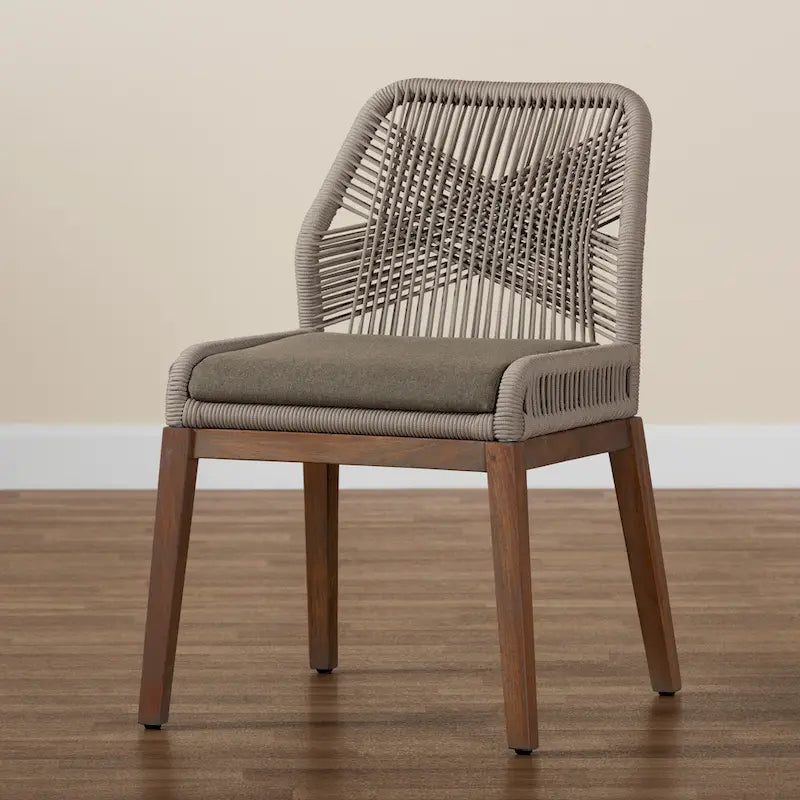Silla de comedor moderna de caoba de estilo transicional con cuerda trenzada – Gris