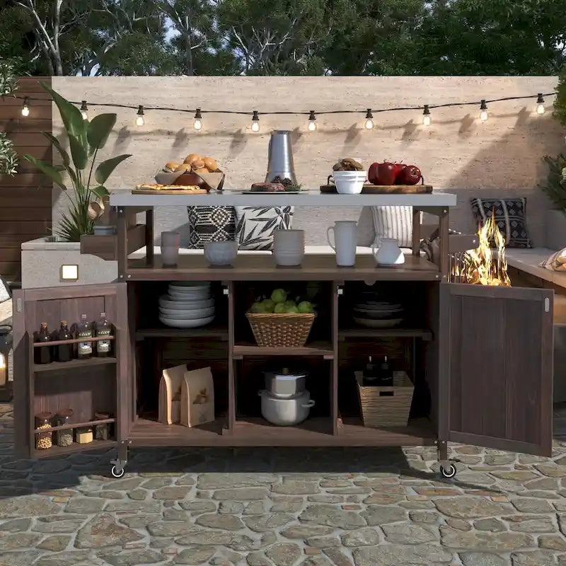 Isla de cocina exterior, carrito de bar con ruedas y armario de almacenamiento, mesa de parrilla de madera maciza con parte superior de acero inoxidable, especiero, toallero