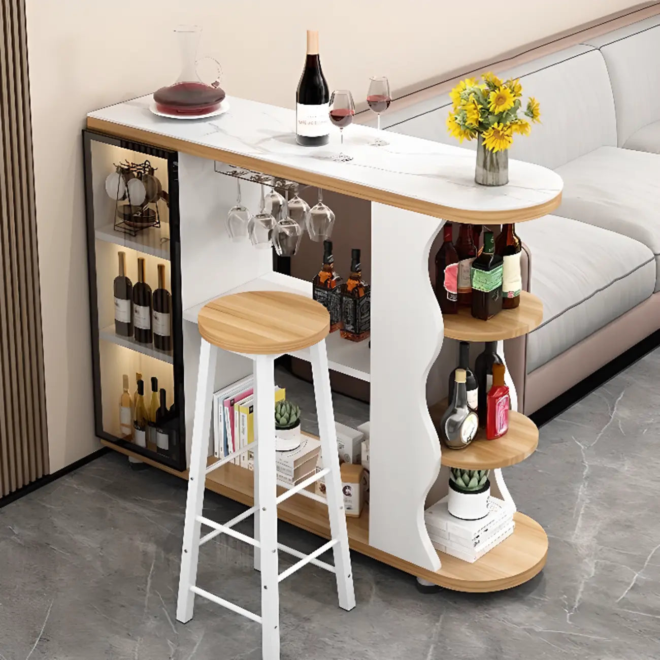 Mesa de bar moderna con tope de piedra de forma libre y almacenamiento para bares en casa