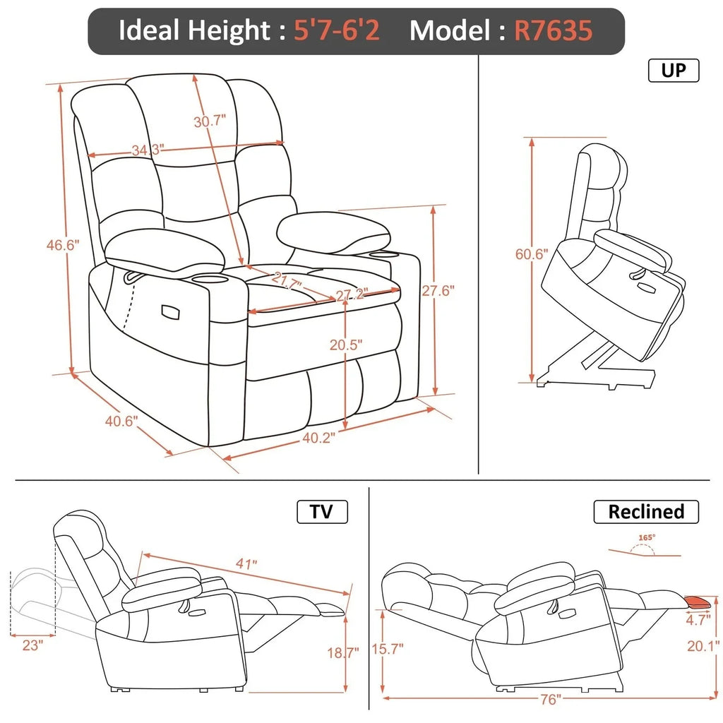 MCombo Sillón reclinable elevador eléctrico con motor dual ancho grande, masaje y doble calefacción para personas mayores altas y corpulentas, tela R7635