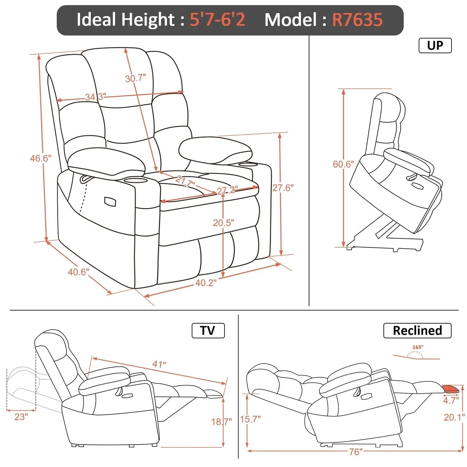 MCombo Sillón reclinable elevador eléctrico con motor dual ancho grande, masaje y doble calefacción para personas mayores altas y corpulentas, tela R7635