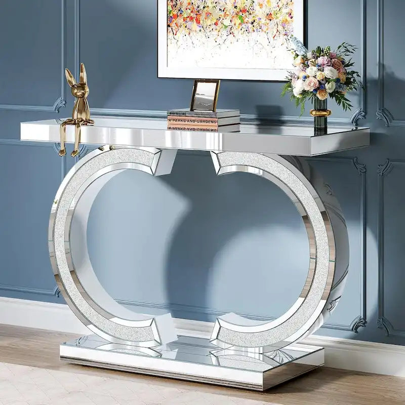 Mesa consola plateada, mesa de recibidor con espejo de 99 cm para la entrada
