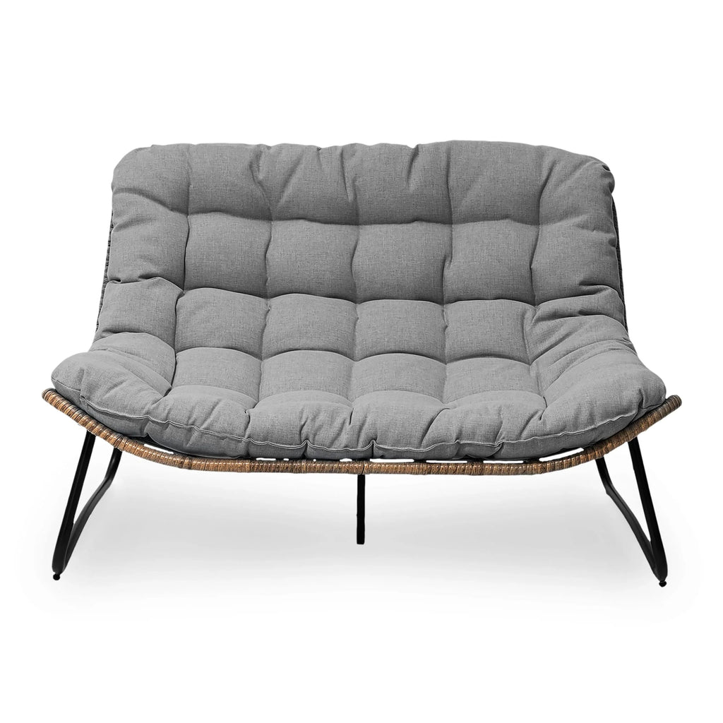 Sofá biplaza doble Papasan con cojín, ratán PE para todo tipo de clima y estructura metálica para interior/exterior