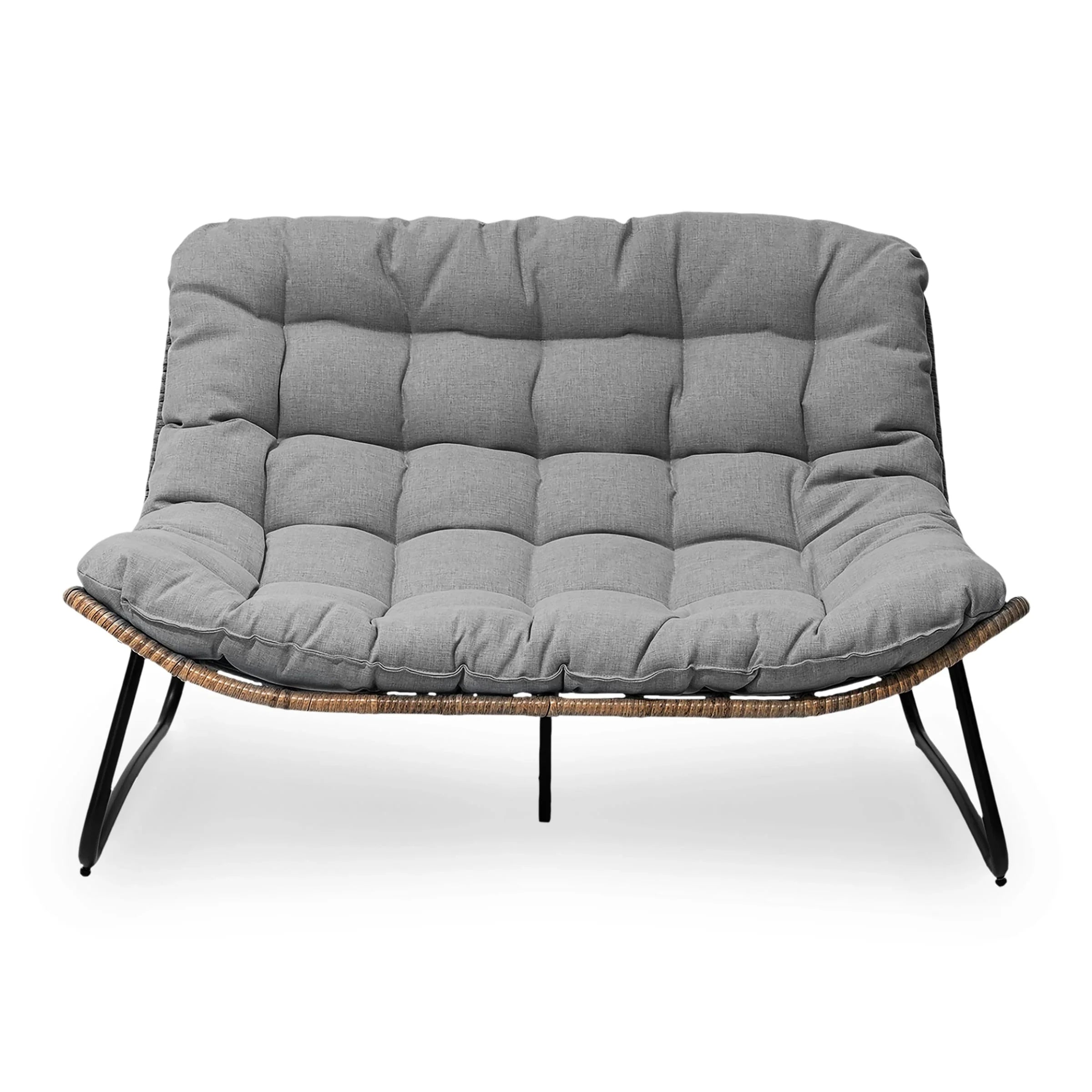 Sofá biplaza doble Papasan con cojín, ratán PE para todo tipo de clima y estructura metálica para interior/exterior