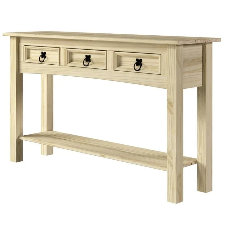 Mesa Consola de Pasillo Rústica de Pino Macizo, Blanqueado / Marrón Antiguo / Lavado Gris / Sin Pintar, 3 Cajones