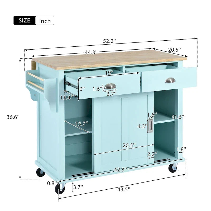 Carro de cocina con encimera de madera de caucho abatible, puerta corredera oculta de granero de altura ajustable, isla de cocina con 4 ruedas