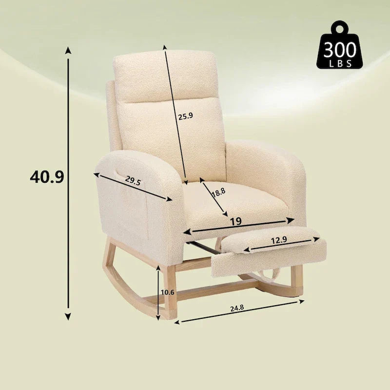Moderna mecedora tapizada de respaldo alto de 29.5" con patas de madera maciza y reposapiés ajustable