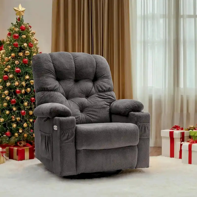 Sillón reclinable giratorio eléctrico con planeador, portavasos y puertos USB, tela, asiento individual
