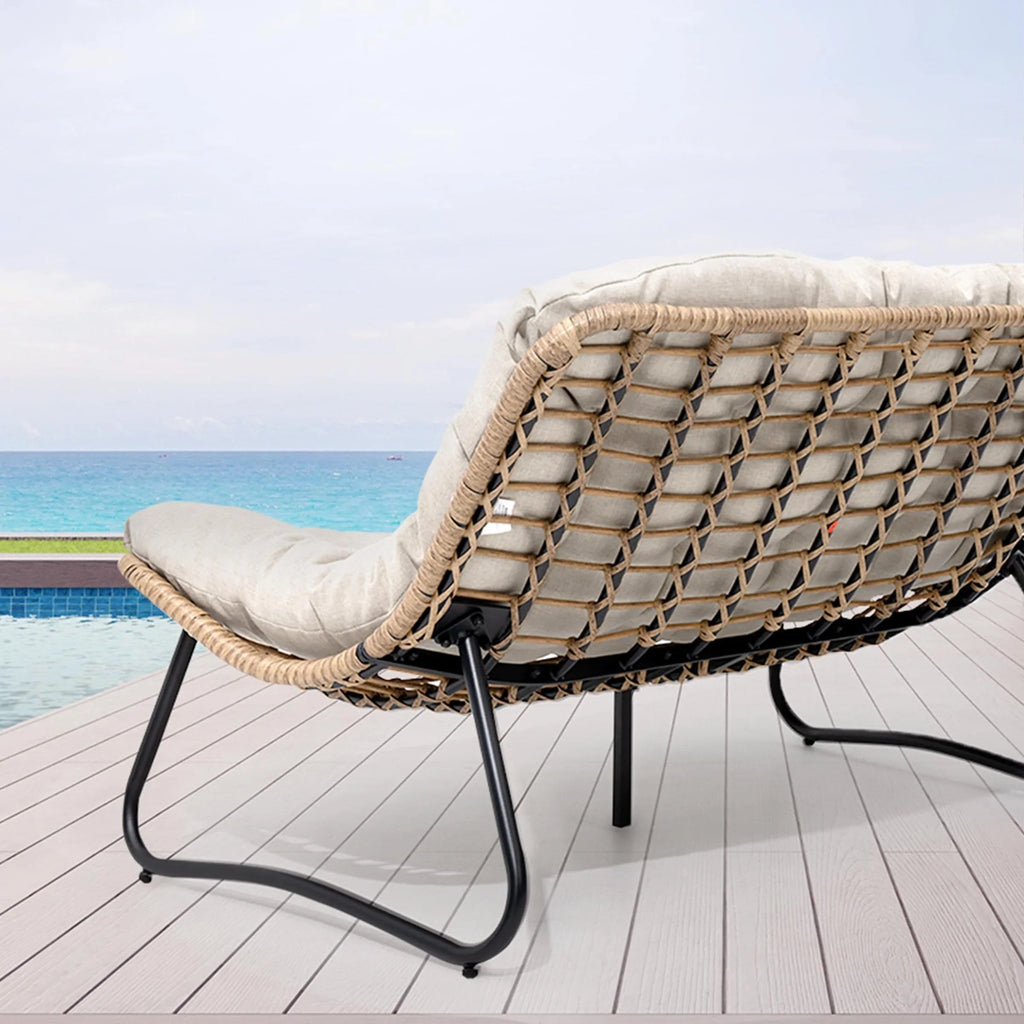 Sofá biplaza doble Papasan con cojín, ratán PE para todo tipo de clima y estructura metálica para interior/exterior