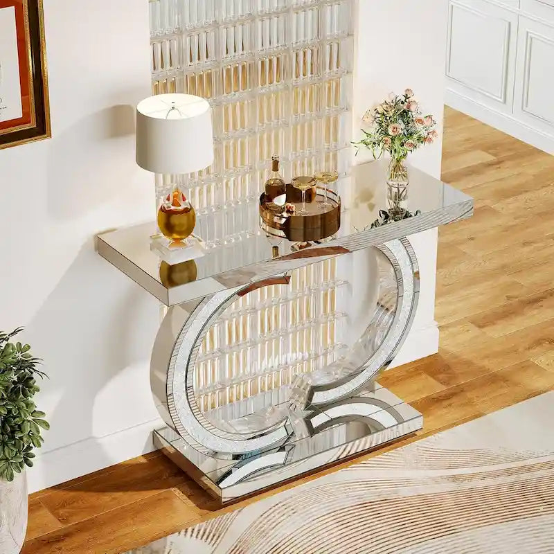 Mesa consola plateada, mesa de recibidor con espejo de 99 cm para la entrada