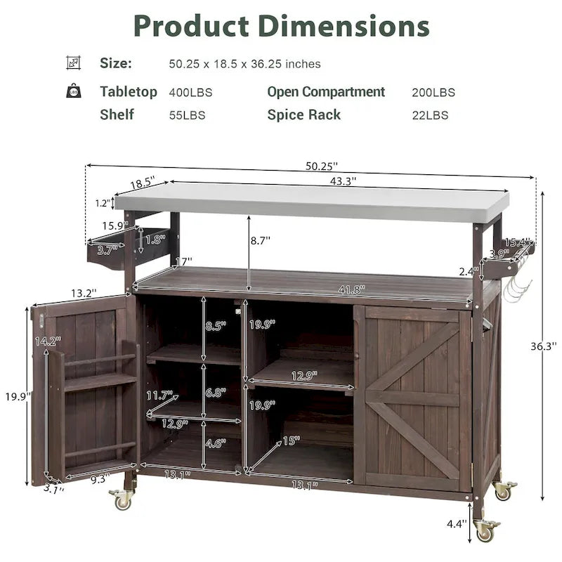 Isla de cocina exterior, carrito de bar con ruedas y armario de almacenamiento, mesa de parrilla de madera maciza con parte superior de acero inoxidable, especiero, toallero
