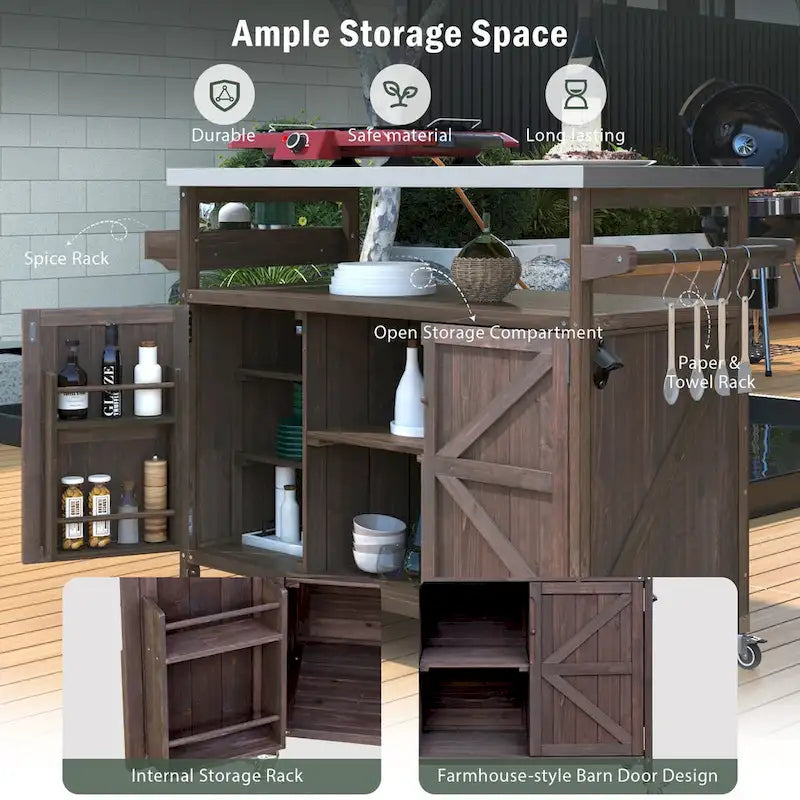 Isla de cocina exterior, carrito de bar con ruedas y armario de almacenamiento, mesa de parrilla de madera maciza con parte superior de acero inoxidable, especiero, toallero