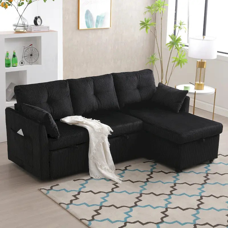 Sofá seccional de chenilla/pana tapizado en forma de L con almacenamiento y chaise reversible con bolsillo lateral