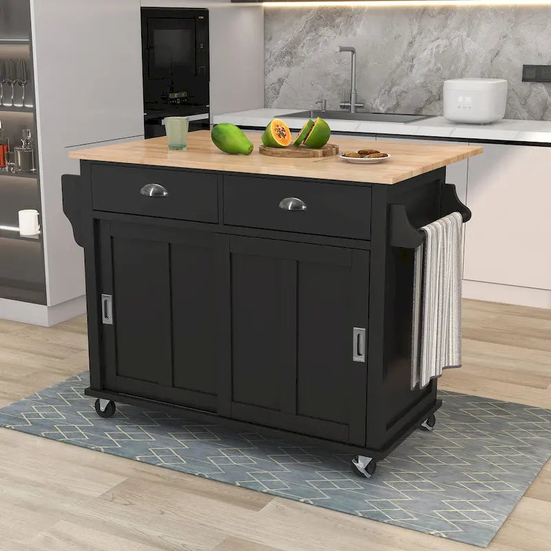 Carro de cocina con encimera de madera de caucho abatible, puerta corredera oculta de granero de altura ajustable, isla de cocina con 4 ruedas