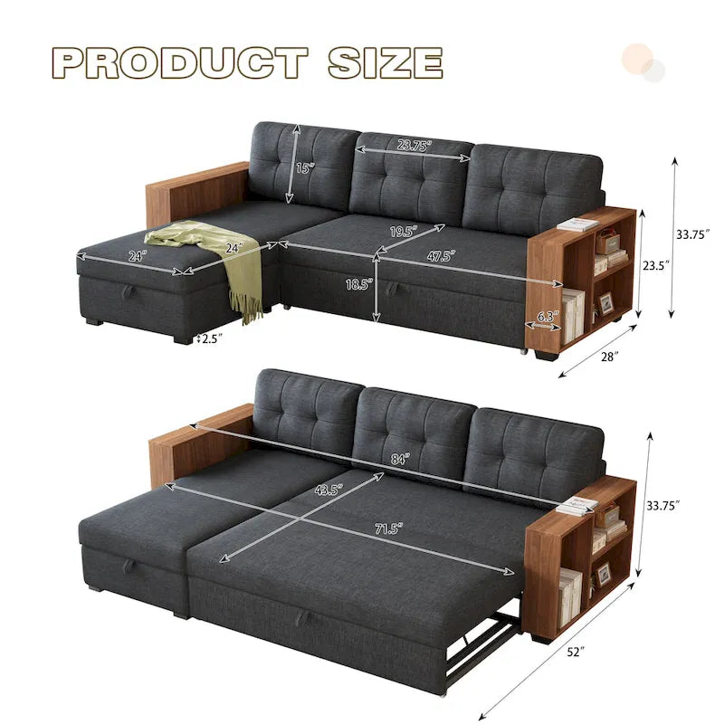 Sofá seccional convertible con cama extraíble y chaise longue con almacenaje oculto