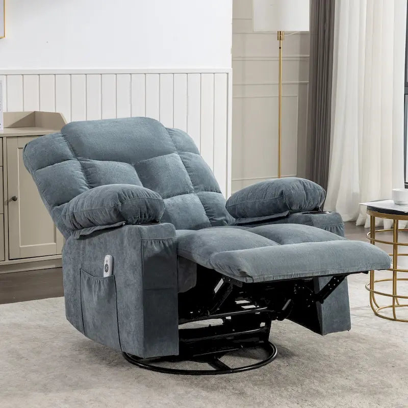 Reclinable extragrande gris con calor y masaje, reclinación de 150°, balanceo de 30°, carga USB y 2 portavasos