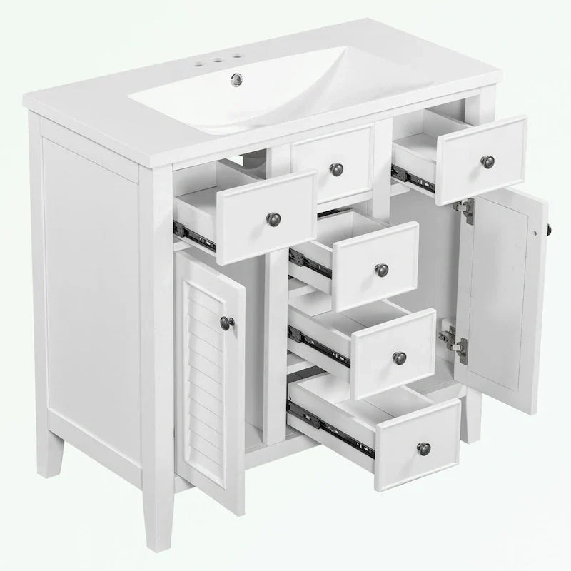 Mueble de baño con lavabo cerámico, dos armarios y cinco cajones