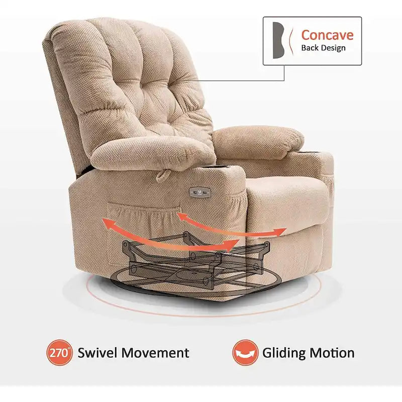Sillón reclinable giratorio eléctrico con planeador, portavasos y puertos USB, tela, asiento individual