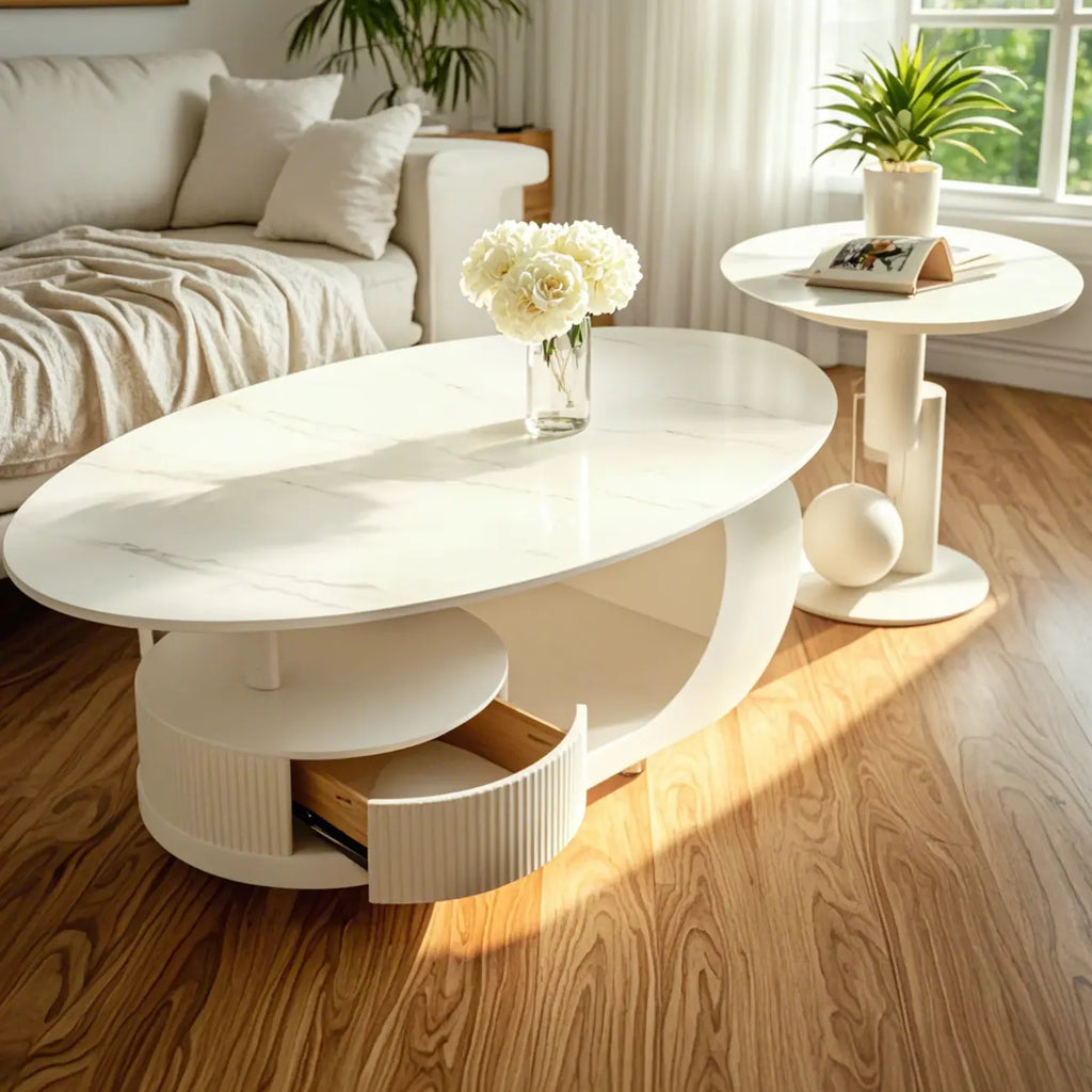 Mesa de centro moderna con cubierta de piedra blanca y resistente a los arañazos