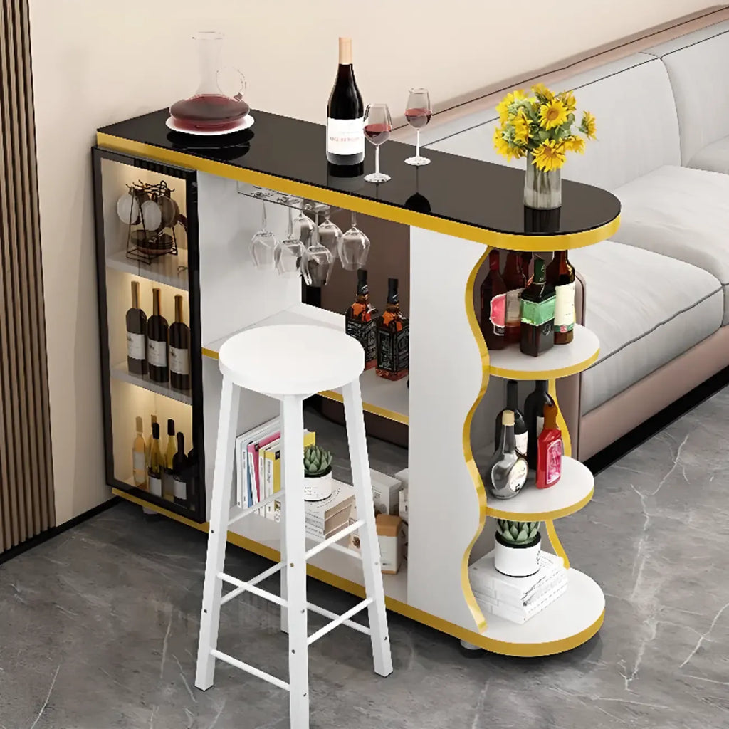 Mesa de bar moderna con tope de piedra de forma libre y almacenamiento para bares en casa