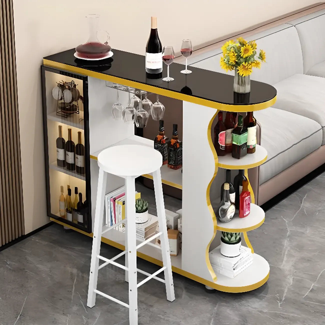 Mesa de bar moderna con tope de piedra de forma libre y almacenamiento para bares en casa