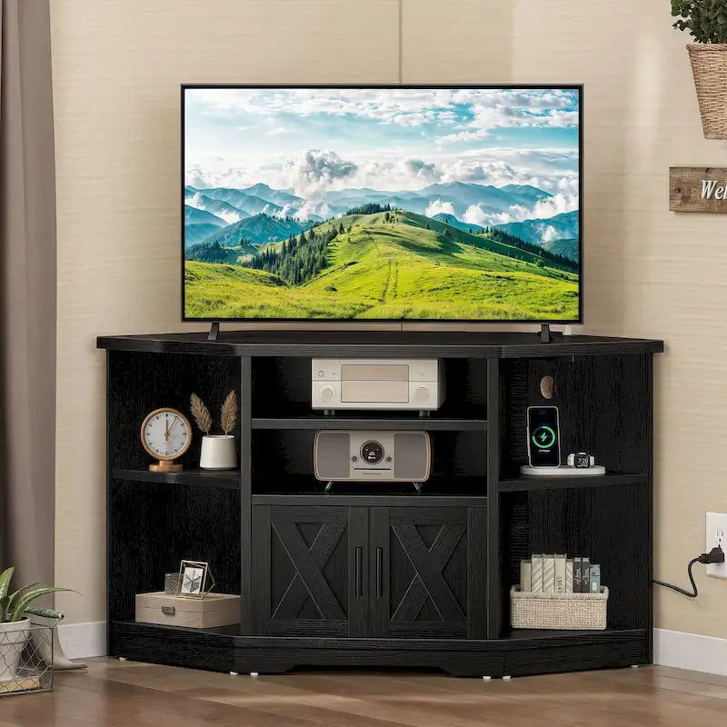 Mueble esquinero para TV estilo rústico, centro de entretenimiento y consola multimedia para televisores de hasta 55 pulgadas con toma de corriente