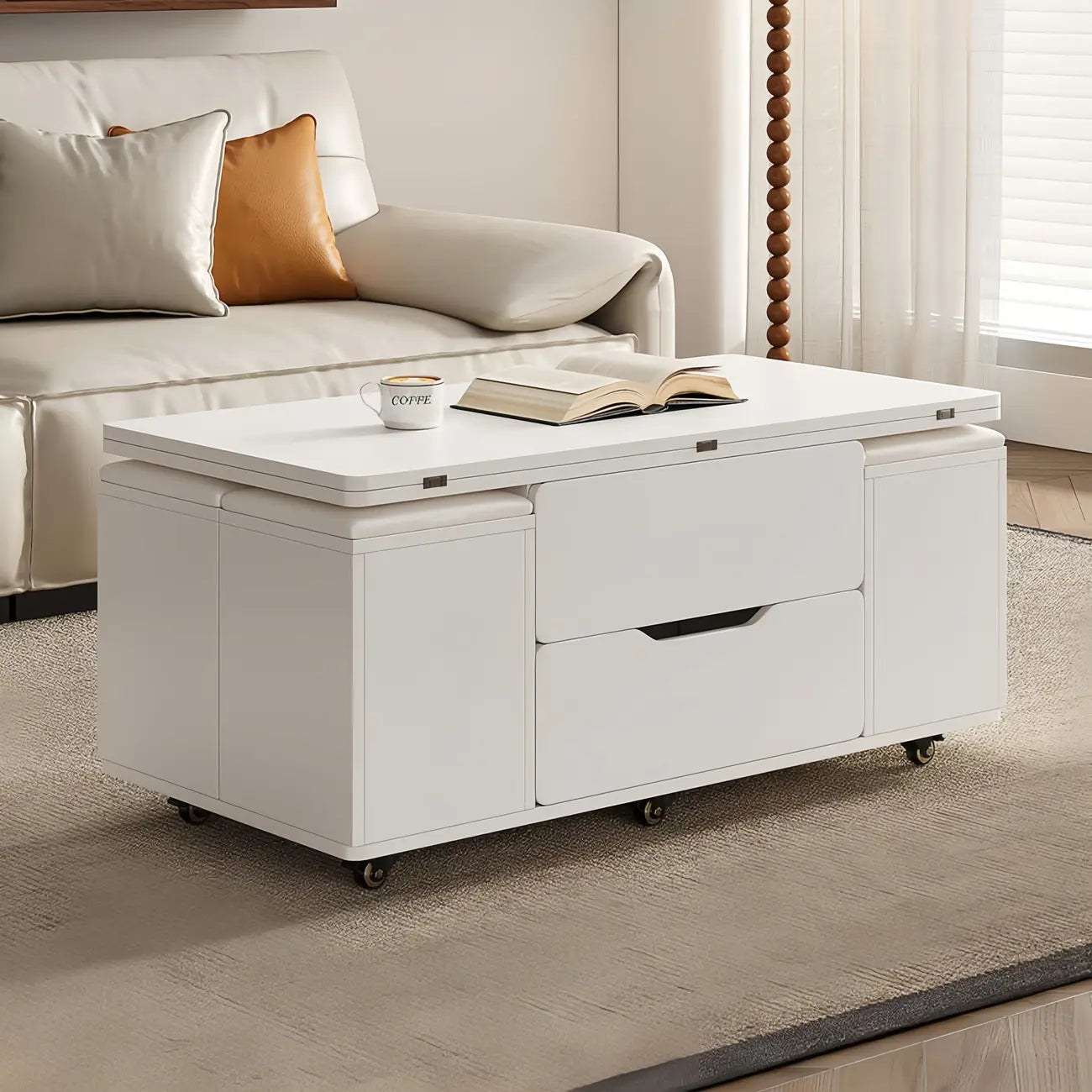 Mesa de centro elevable y plegable con 4 taburetes y almacenamiento