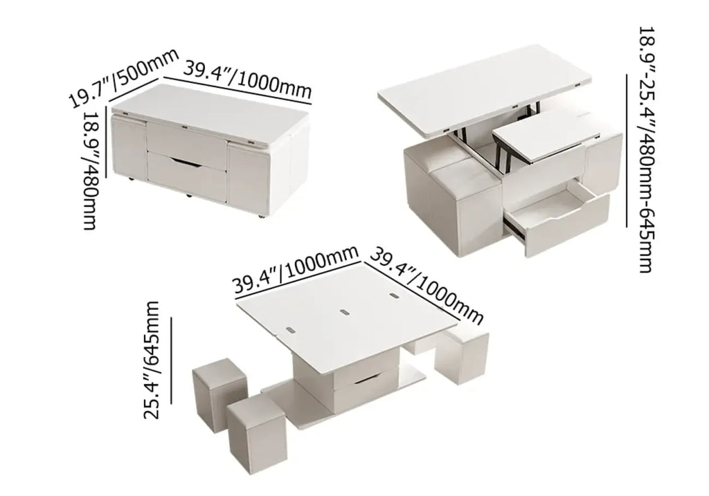 Mesa de centro elevable y plegable con 4 taburetes y almacenamiento