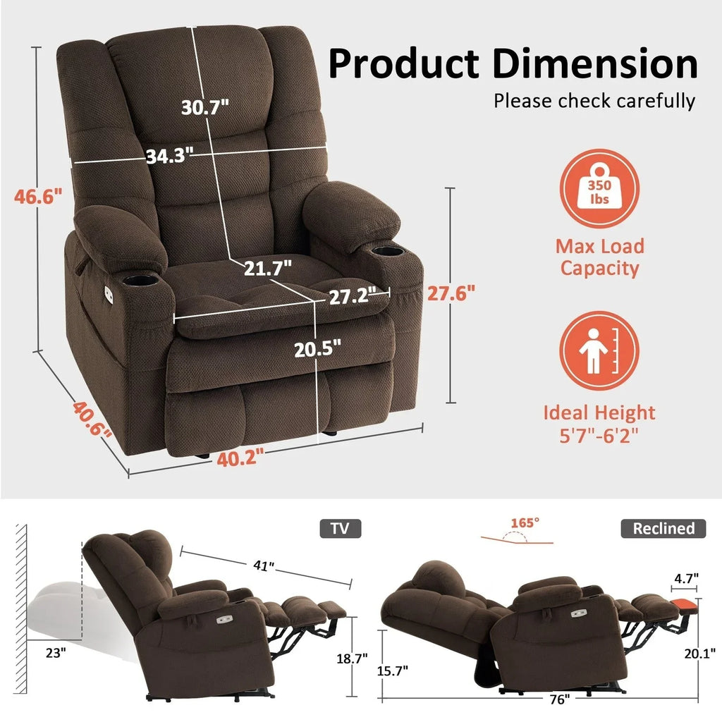 MCombo Sillón reclinable elevador eléctrico con motor dual ancho grande, masaje y doble calefacción para personas mayores altas y corpulentas, tela R7635