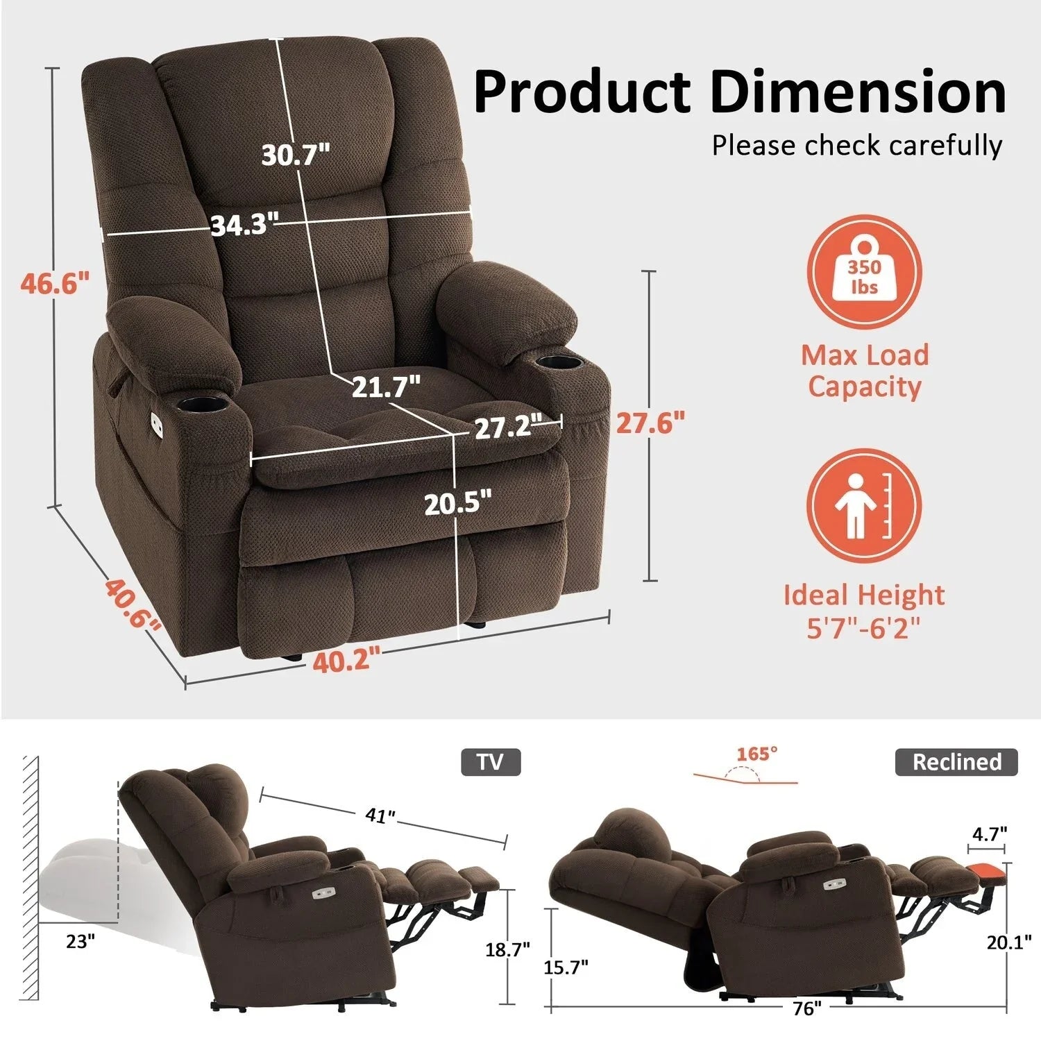 MCombo Sillón reclinable elevador eléctrico con motor dual ancho grande, masaje y doble calefacción para personas mayores altas y corpulentas, tela R7635