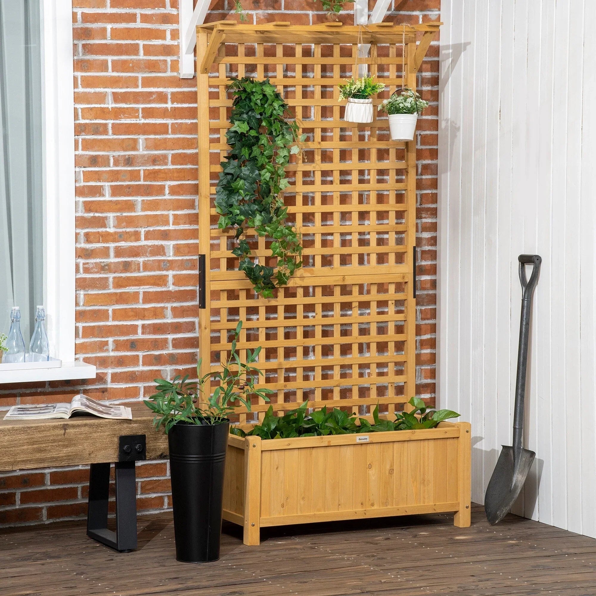 Macetero de madera con celosía, cama de jardín elevada para plantas trepadoras con orificios de drenaje y techo