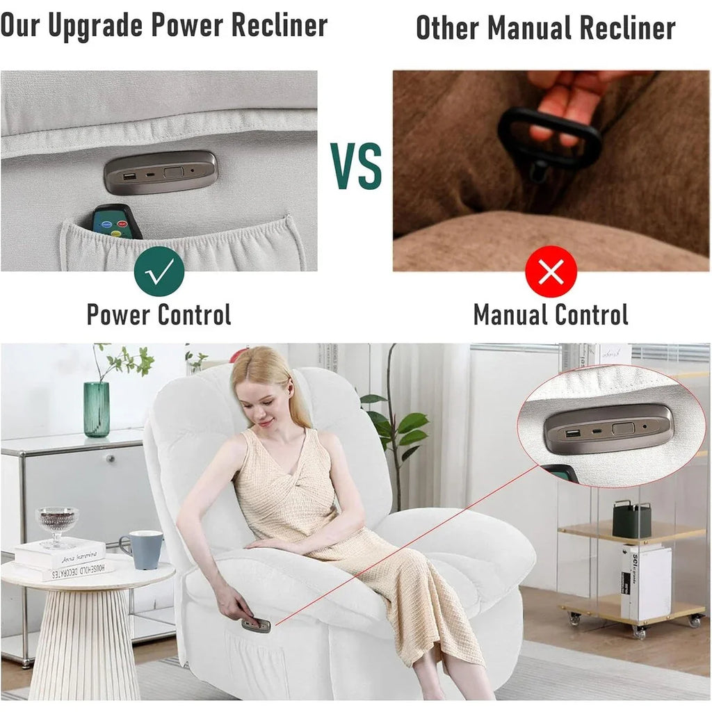 XINMICS Sillón Reclinable Eléctrico Giratorio, Sillones Reclinables Mecedora con Masaje y Calefacción, USB, USB-C y Bolsillo Lateral