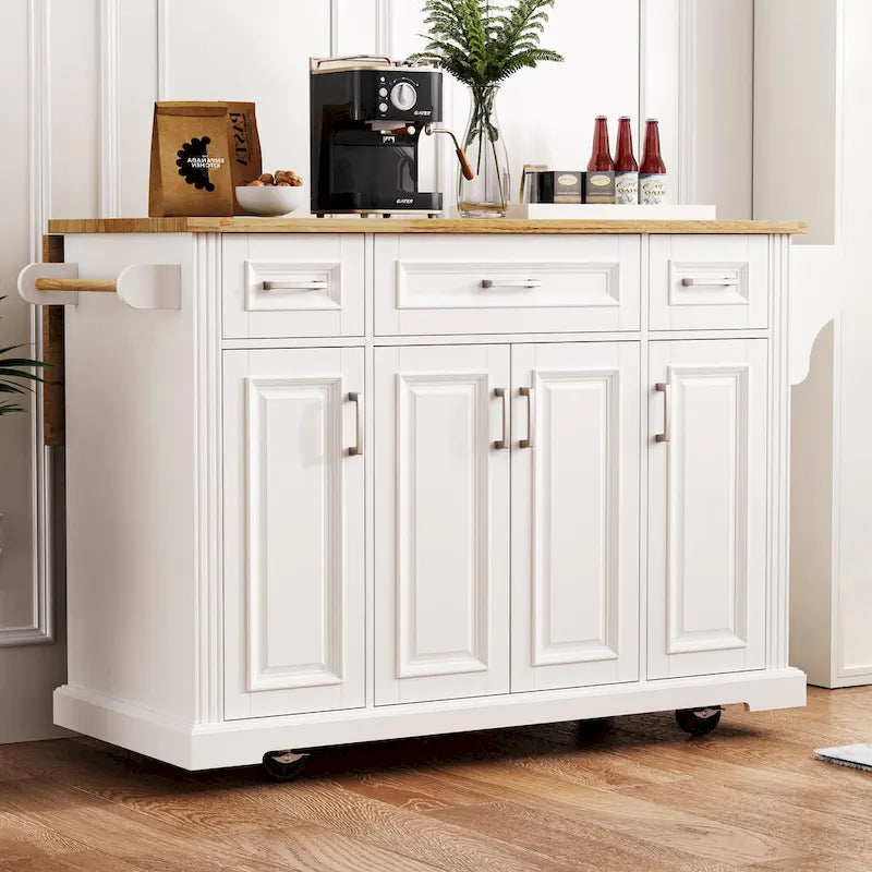 Isla de cocina grande con hoja abatible de madera, carrito de cocina con textura en relieve, puertas y cajones con almacenamiento para cocina, blanco